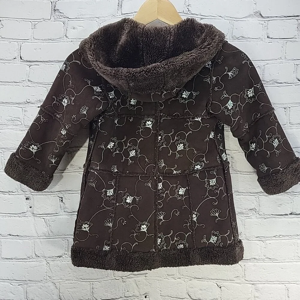 Rothschild Coat Girls Sz 4 Brown Faux Suede Embroidered Sherpa Lined‎